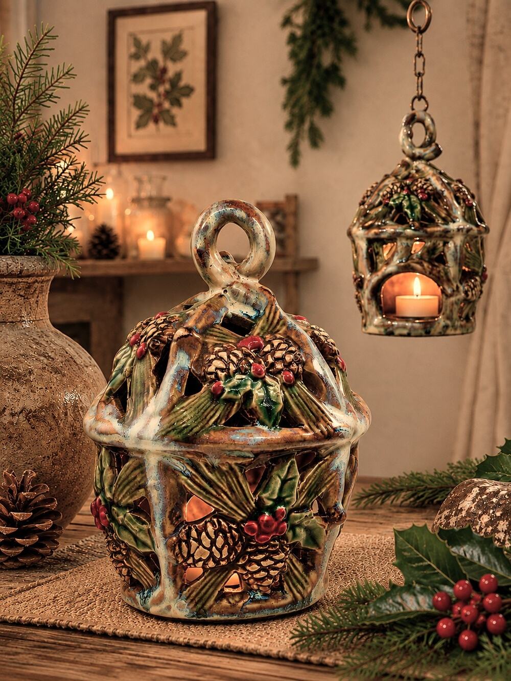 Vintage Ceramic Pinecone Holly Votive Candle Holder Lantern Hanging Holiday